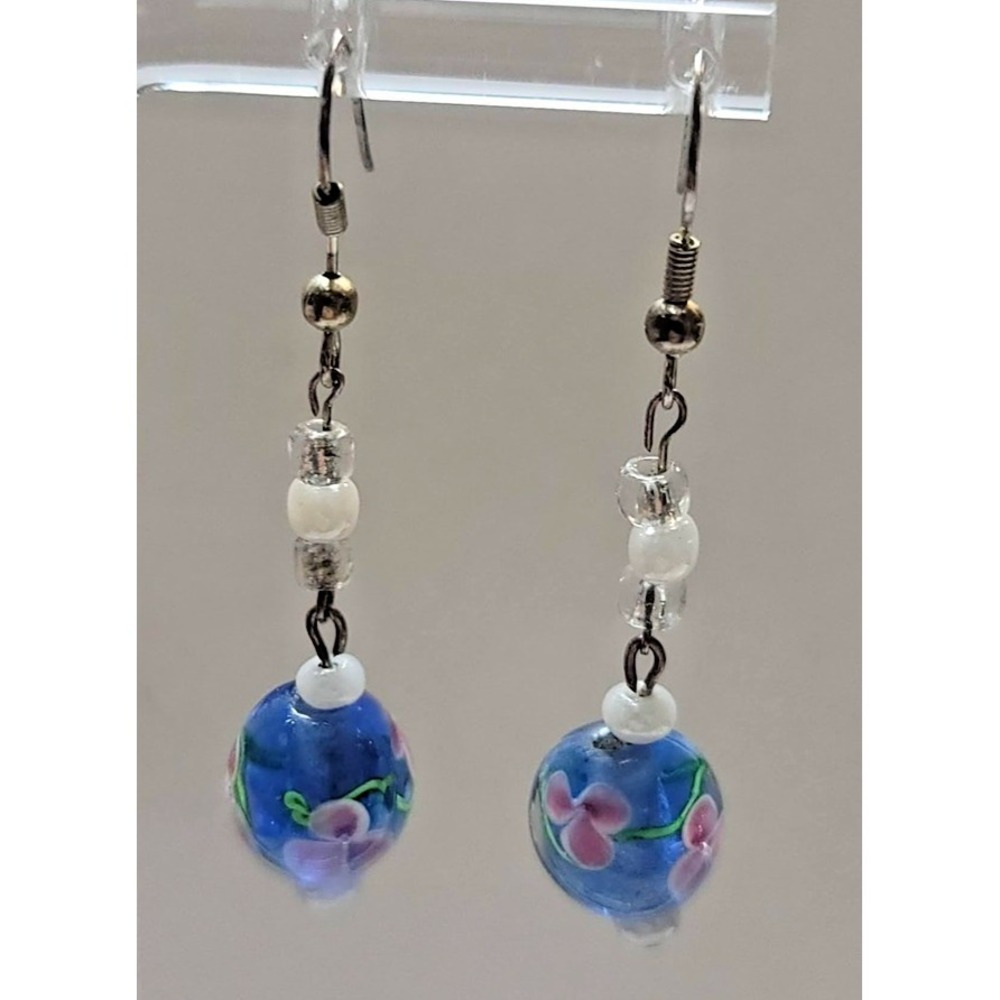 Blue Glass Lampwork Beaded Dangle Earrings Womens French Wire‎ Floral Round Boho